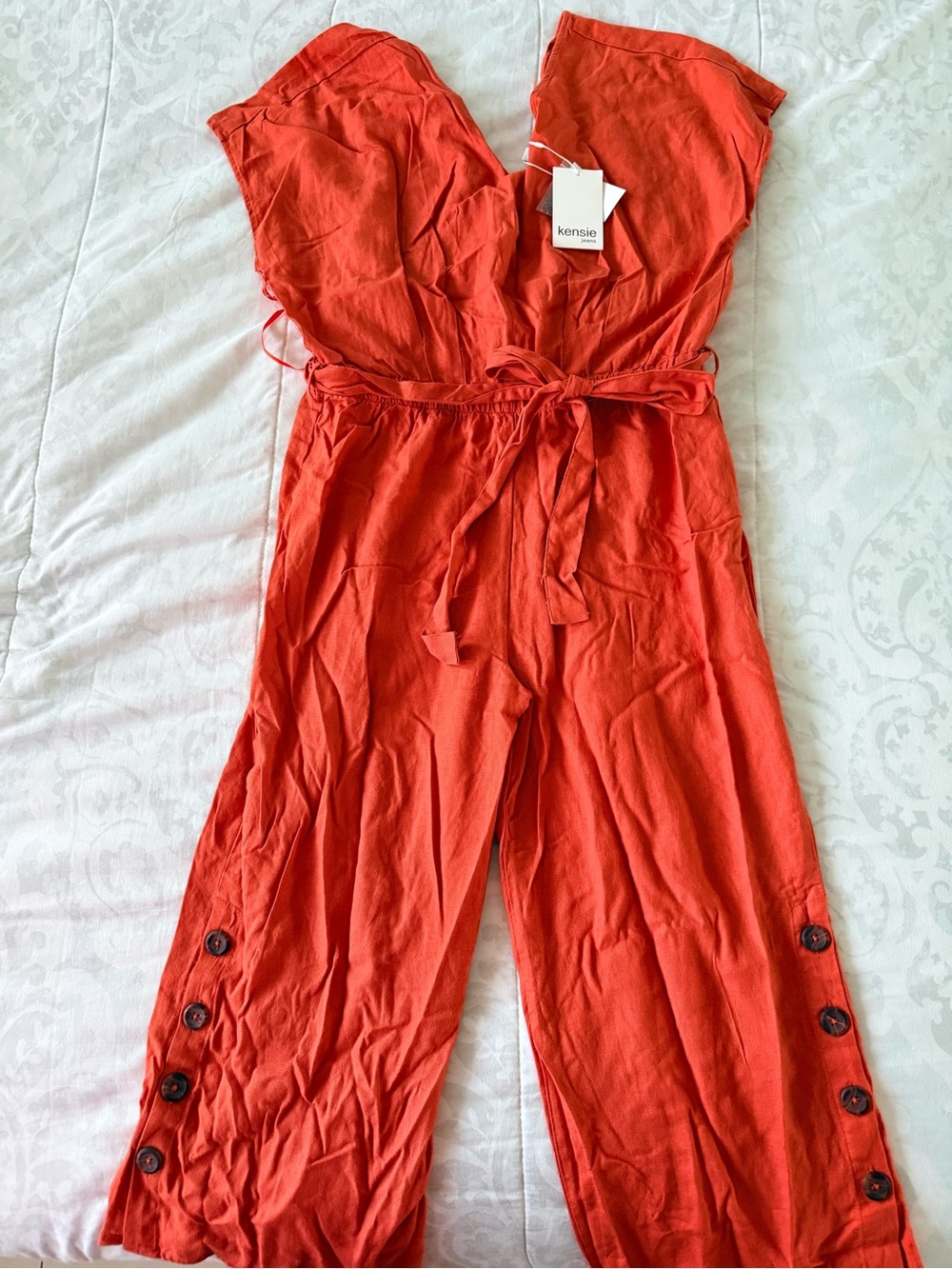 kensie Coral-Red Sleeveless V-Neck Tie-Waist Jumpsuit